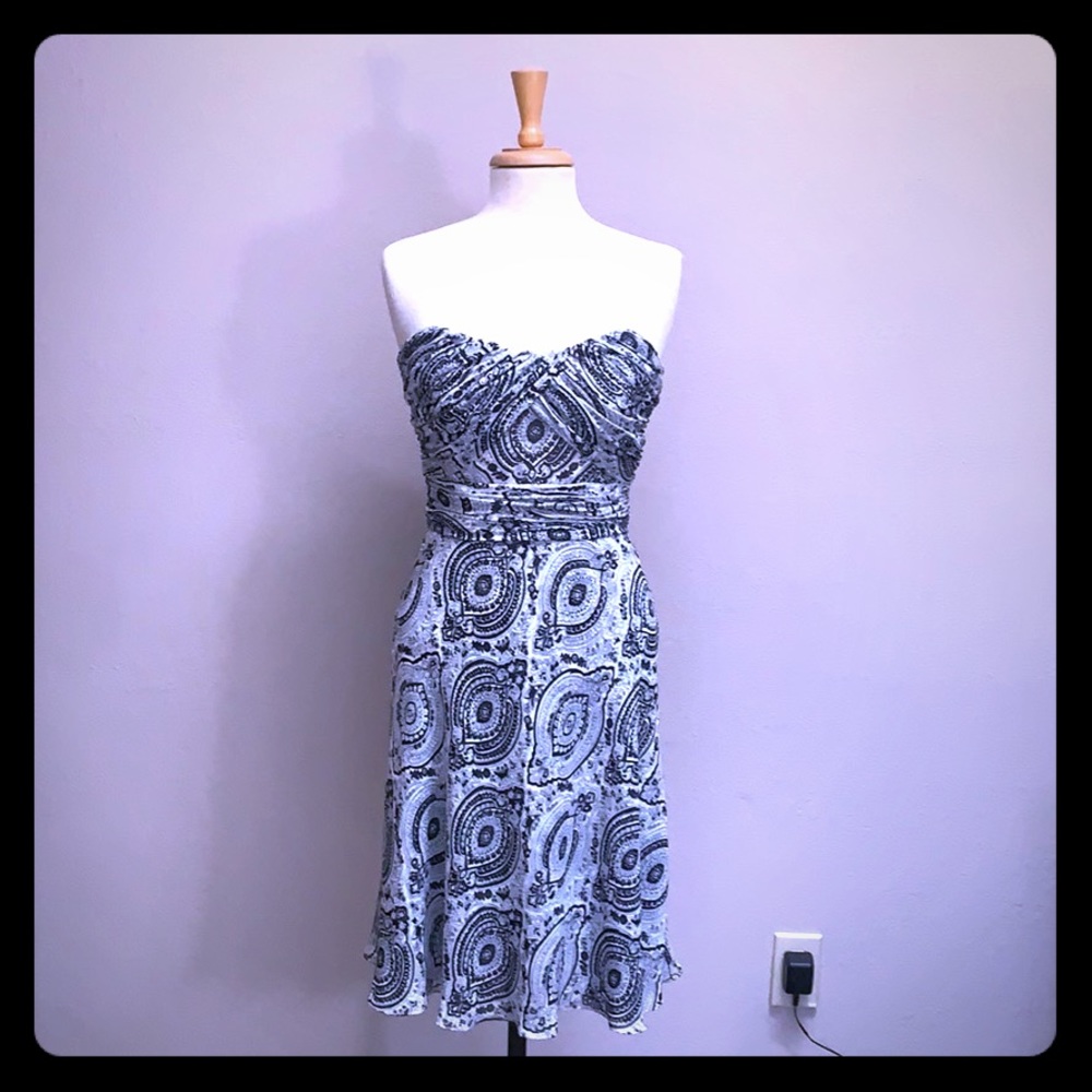 Black white paisley strapless semi formal dress